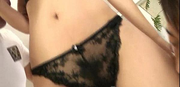  Azumi in black lingerie takes on two horny cocks and gobbles them both
